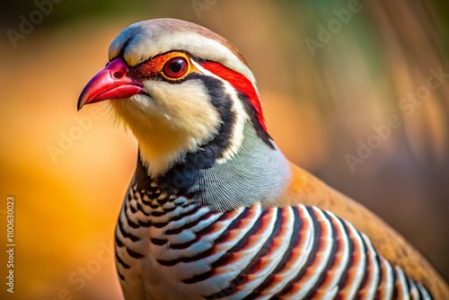 Close-up Silhouette Portrait of a Chukar Partridge in a Zoo Setting in Manhattan, Kansas, Showcasing Detailed Feather Patterns Against a Softly Lit Background photo