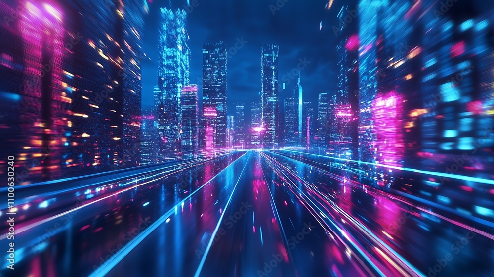 Fototapeta premium Neon Cityscape with Speed Lines