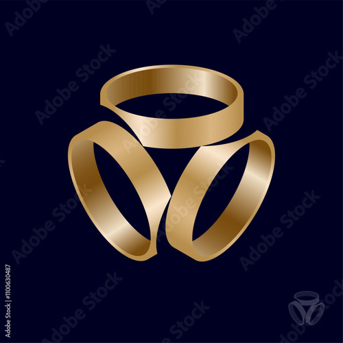 Three metal rings interacting with each other. Abstract logo. Three rings made of golden metal. 