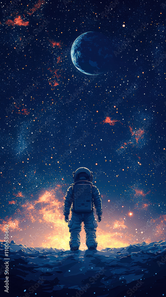 A poster illustrating an astronaut floating in space, surrounded by glowing stars, with the Earth visible in the distance. A poster illustrating an astronaut floating in space, surrounded by glowing stars, with the Earth visible in the distance.