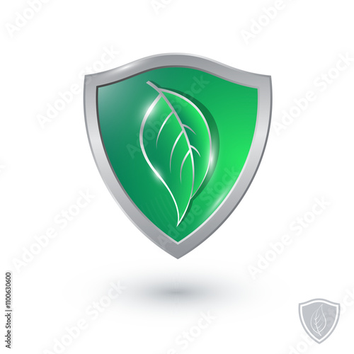 Protection icon. Glossy green shield with Green leaf. Save environment  and vegetation. Saving nature icon.