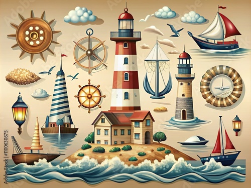 Coastal Town Clipart Collection - Unique Symbols and Logos for Creative Projects Featuring Scenic Elements and Nautical Themes in Low Light Photography Style photo