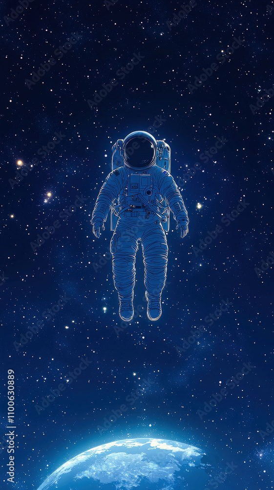 Fototapeta premium A poster illustrating an astronaut floating in space, surrounded by glowing stars, with the Earth visible in the distance. 