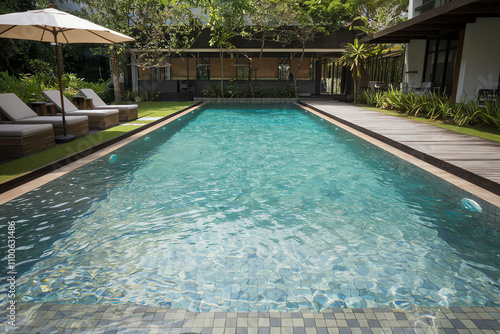 Wallpaper Mural Beautiful outdoor swimming pool surrounded by lounge chairs and lush greenery in a tropical setting Torontodigital.ca