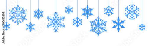 Charming blue snowflake ornaments suspended from above on a clean white background, creating a festive and wintery decorative element for seasonal designs.