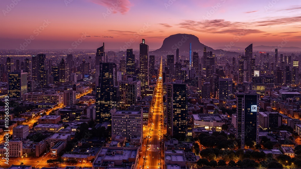 Fototapeta premium Generative AI, Cityscape at Sunset with Iconic Sandstone Monolith