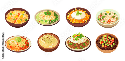 Food on plates vector set, served dish on plate and bowl, variety rice dish recipes, food clip art
