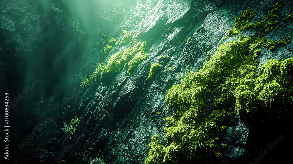 Obraz premium A richly textured rock surface covered in soft green moss, illuminated by soft ambient light, creating an earthy aesthetic.