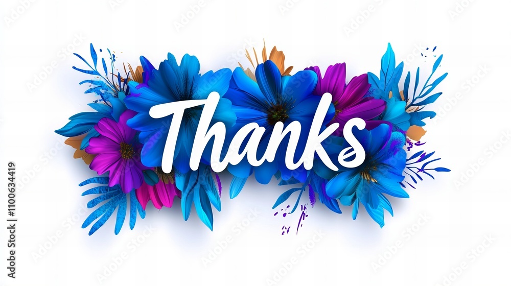 Obraz premium Colorful floral arrangement with the word 'Thanks' in white, featuring vibrant blue and purple flowers.