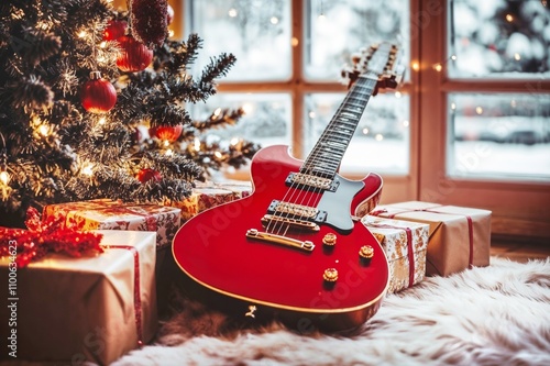 Red guitar lies near a stack of gift boxes under a Christmas tree. Concept of a desired gift for Christmas holidays