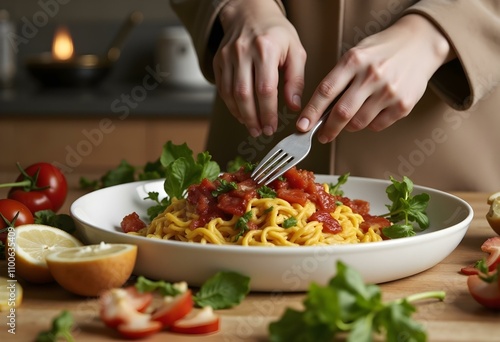 Wallpaper Mural A organic cutlery in a mouth-watering style with bright lighting in a home kitchen, showing a person garnishing. Torontodigital.ca