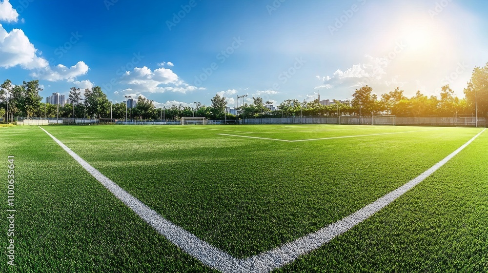 Obraz premium A soccer field's corner arc, outdoor setting with green turf, Vibrant style