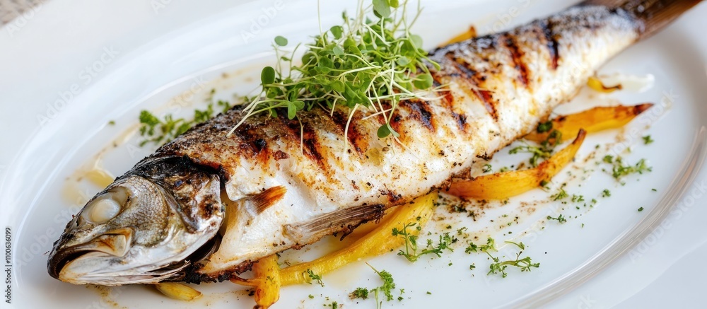 A luxurious plate of grilled sea bass with truffle oil and microgreens, elegant plating A luxurious plate of grilled sea bass with truffle oil and microgreens, elegant plating