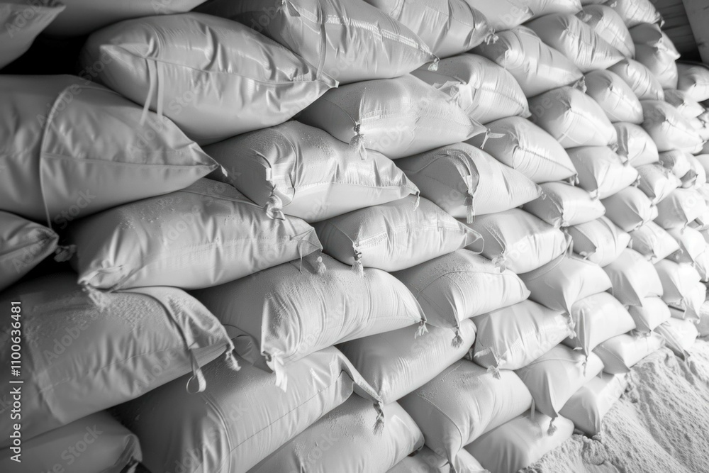 Obraz premium Stacked white bags in a warehouse, organized neatly against a wall, creating a structured and orderly storage environment.
