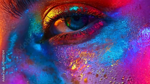 Vibrant portrait of a woman with colorful makeup and striking features