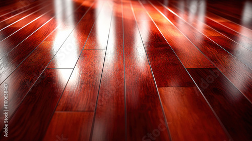 A sleek, polished cherry wood floor with rich reddish tones and subtle reflections, featuring minimal grain detail. Ideal for showcasing luxurious products.
