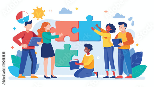 Team collaboration in a creative workspace with colorful puzzle pieces and digital tools