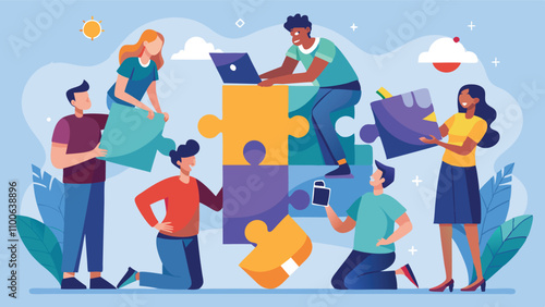 Team collaboration in a creative workspace with colorful puzzle pieces and digital tools
