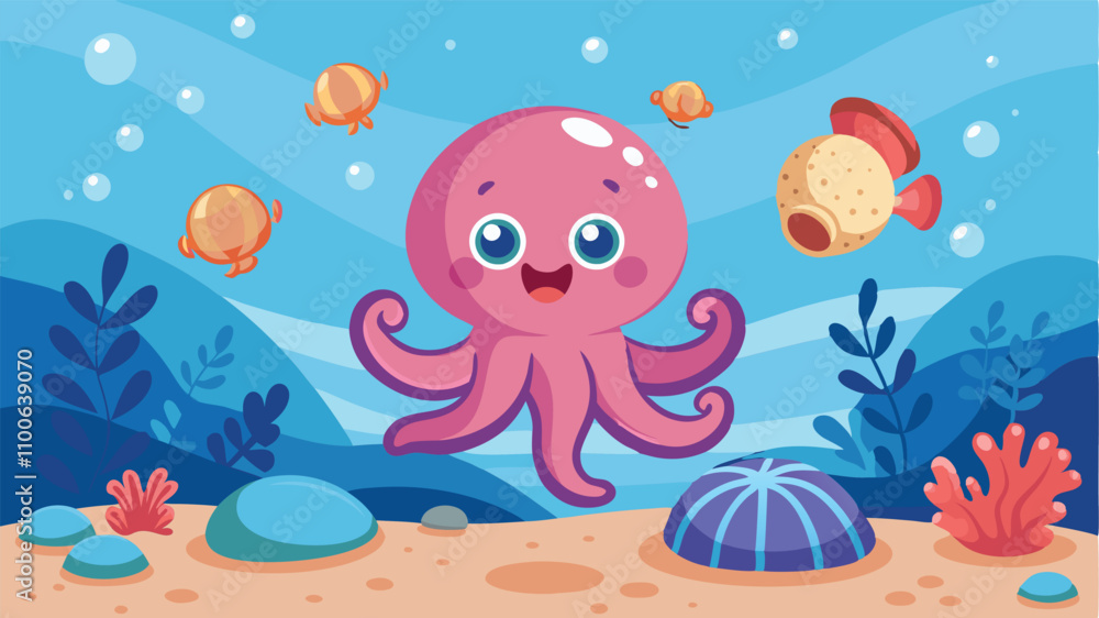 Obraz premium Pink octopus character swimming joyfully among colorful fish and aquatic plants in a vibrant underwater scene