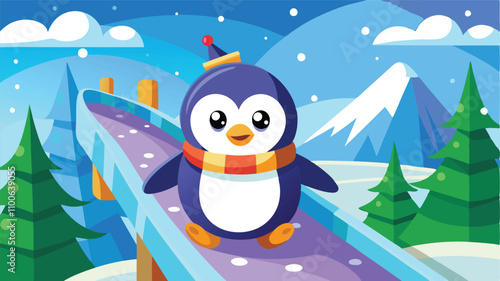 Cute penguin sliding down a snowy hill with festive trees and mountains in a vibrant winter landscape