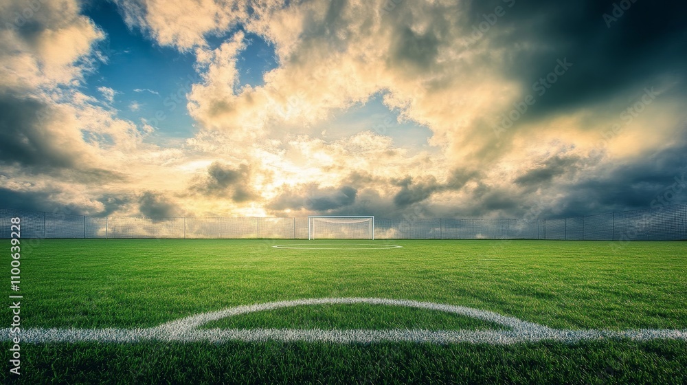 Fototapeta premium A soccer field's penalty spot, outdoor setting with dramatic clouds, Dramatic style