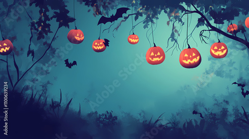 Glowing pumpkins hanging amid misty blue ambiance, adorned with bats and autumn leaves, creating a whimsical halloween atmosphere filled with festive charm. Whimsical. Illustration photo