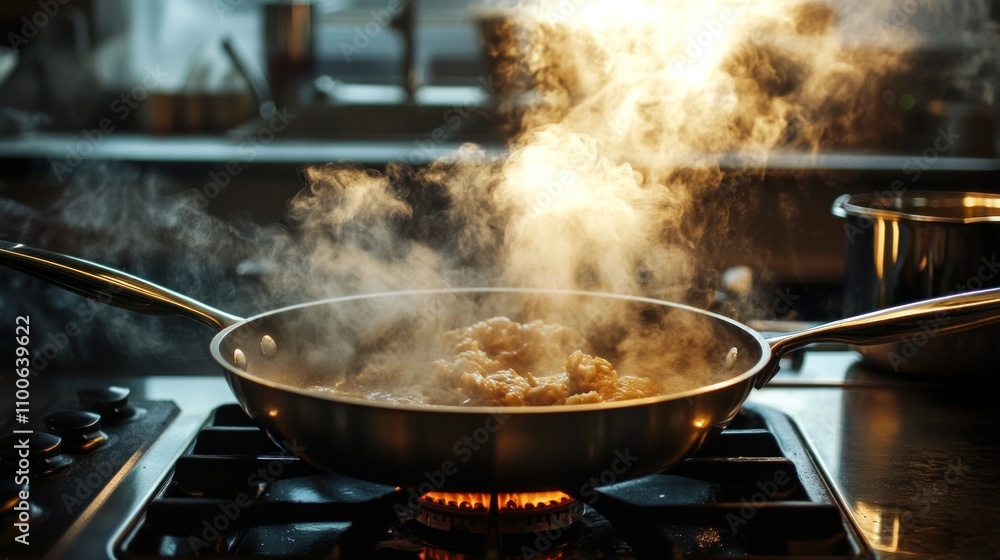 A pan of food is cooking on a stove and the pan is smoking A pan of food is cooking on a stove and the pan is smoking