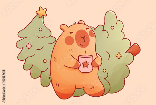 Kawaii Christmas capybara with New Year Tree star toy and hot drink.
