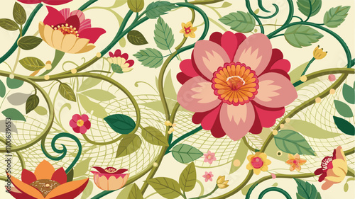 Vibrant floral vector design with intricate vines and blossoms creating a lively pattern on a soft background