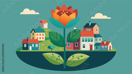 Wallpaper Mural A colorful flower surrounded by charming houses, illustrating the harmony between nature and community on a sunny day Torontodigital.ca