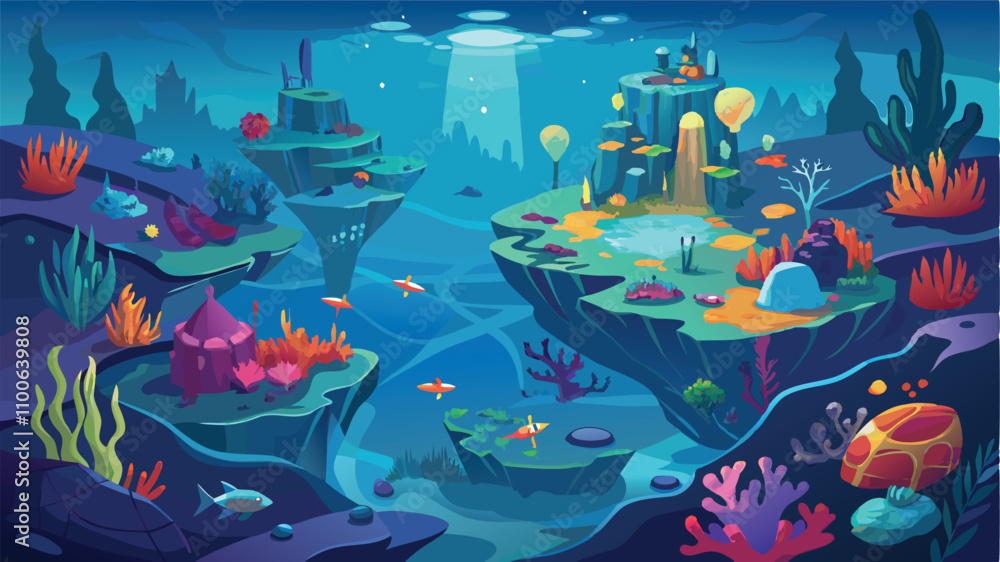 Naklejka premium Underwater fantasy landscape featuring floating islands and vibrant coral reefs with mystical structures at dusk