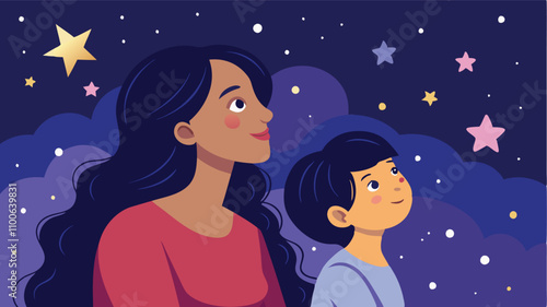 Mother and child gazing at stars in a serene night sky filled with twinkling stars and clouds, creating a feeling of wonder and connection