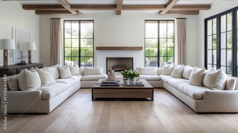 Fototapeta premium Spacious living room features a white brick fireplace, cozy beige sofas, rustic coffee table, and beams, perfect for relaxation and gatherings