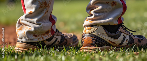 Dirty baseball cleats on grass field