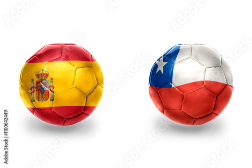 football balls with national flags of spain and chile ,soccer teams. on the white background.