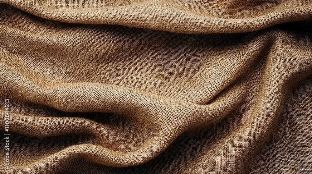 Fototapeta premium A burlap blanket with frayed edges rests on an old sofa, capturing soft natural tones and detailed textures under warm sunlight