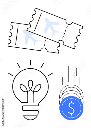 Airline tickets with airplane, light bulb, and falling coins with dollar sign. Ideal for travel planning, budgeting, inspiration, finance, innovation cost analysis and savings themes. Line metaphor