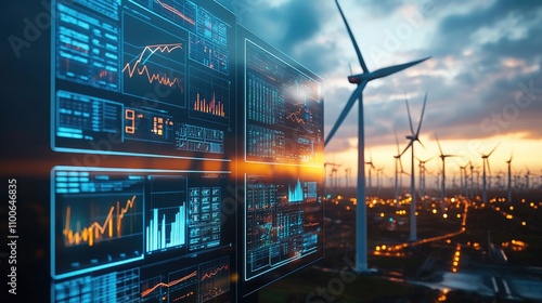 futuristic wind turbines farm or wind power plant with Scada system computer screen monitoring at operations controller room for operator engineer teamwork.