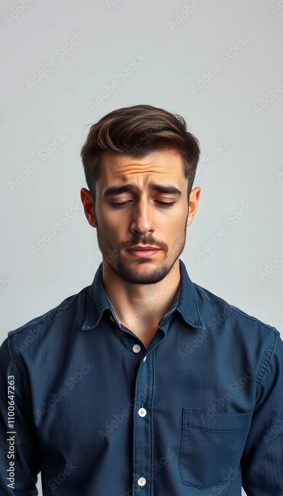 Fototapeta premium Man feeling sad, tired and worried, suffering depression in mental health, problems and broken heart isolated with white highlights, png