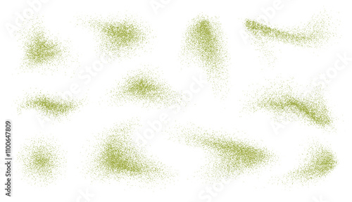 Flying matcha powder, dust particles in motion, green splashes isolated on white background. Vector illustration.