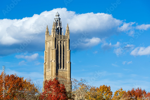 Gothic-style tower of Perkins School for the Blind on an autumn day in Watertown, Massachusetts, USA
 photo