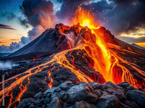 Dramatic Macro Image of a Volcanic Eruption with Flowing Lava Isolated on a Simple Background, Capturing the Intensity and Beauty of Nature's Fiery Forces in Stunning Detail