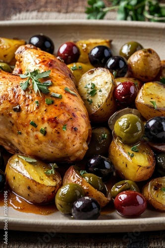 picy Chicken with Baked Potatoes and Olives  photo