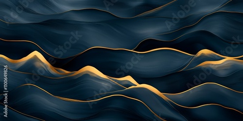 Abstract wavy design with dark blue and gold accents resembling flowing silk or luxurious fabric photo