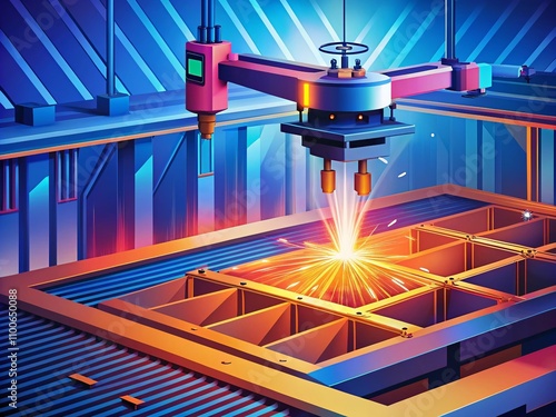 Drone Photography of a Laser Machine for Metal Cutting, Showcasing Precision and Technology in Industrial Settings with a Flat Vector Illustration Style photo