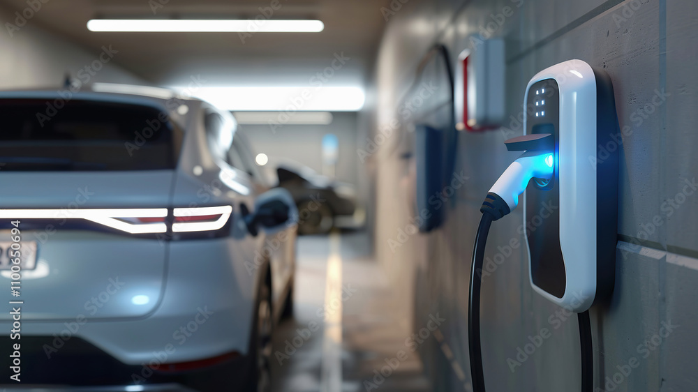 Fototapeta premium Electric Vehicle Charging in Home Garage with Modern Charger