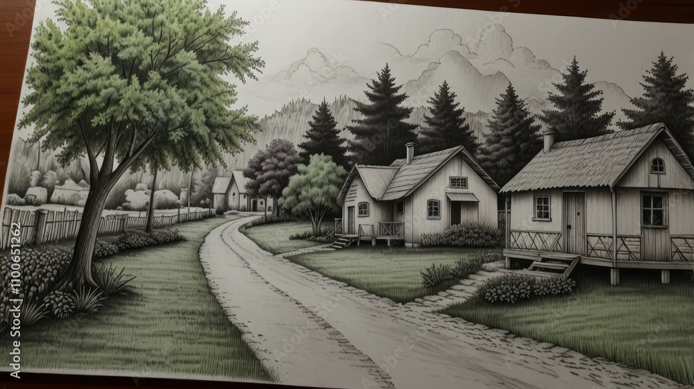 Fototapeta premium Serene grayscale drawing of a quaint village nestled in a mountain valley, showcasing charming houses, lush greenery, and a winding road.