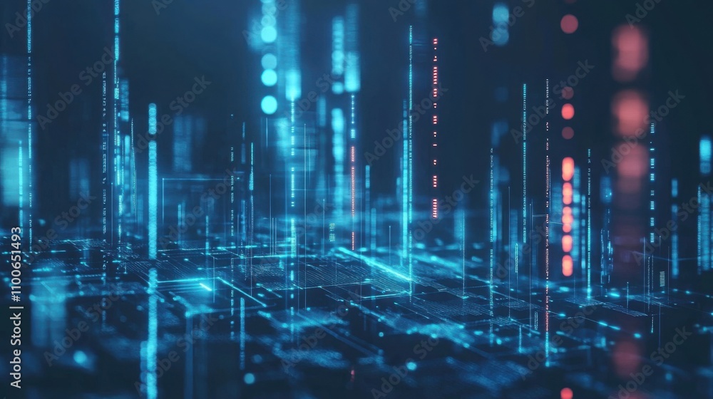 Fototapeta premium Abstract Digital Landscape with Glowing Lights and Data Visualizations