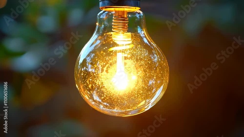 Glowing vintage light bulb hanging against a dark background photo