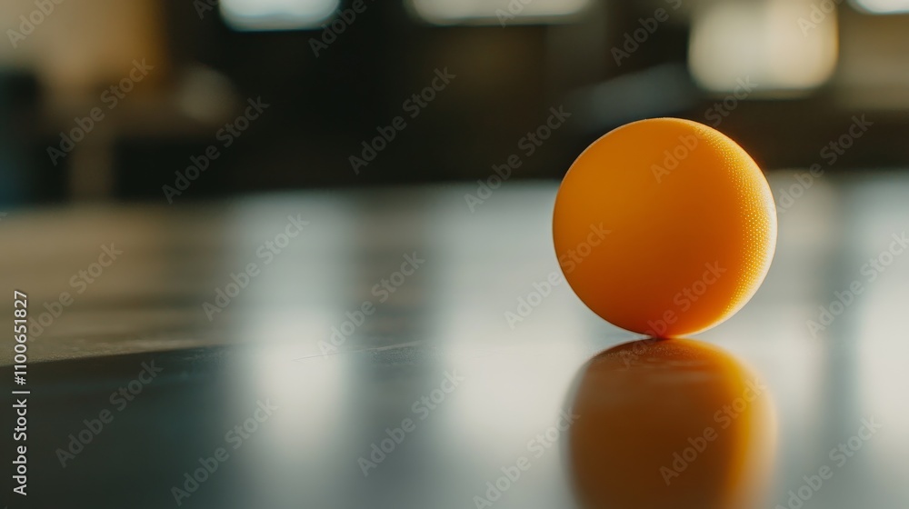 Fototapeta premium A table tennis ball with a focus on the surface texture and logo, indoor setting on a table tennis table, Pristine style
